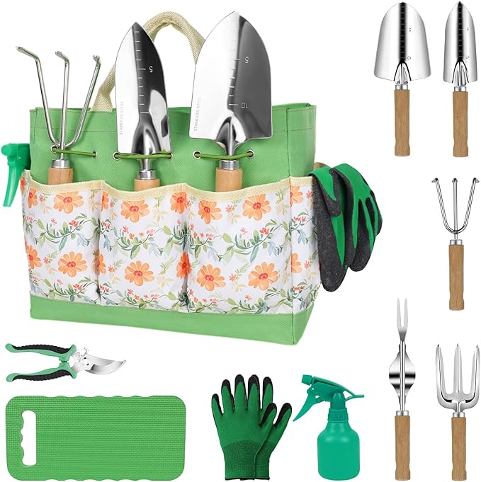 LeMotech Gardening Tools, 10-Piece Heavy Duty Garden Hand Tools Set with Wooden Handle, Durable