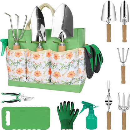 LeMotech Gardening Tools, 10-Piece Heavy Duty Garden Hand Tools Set with Wooden Handle, Durable