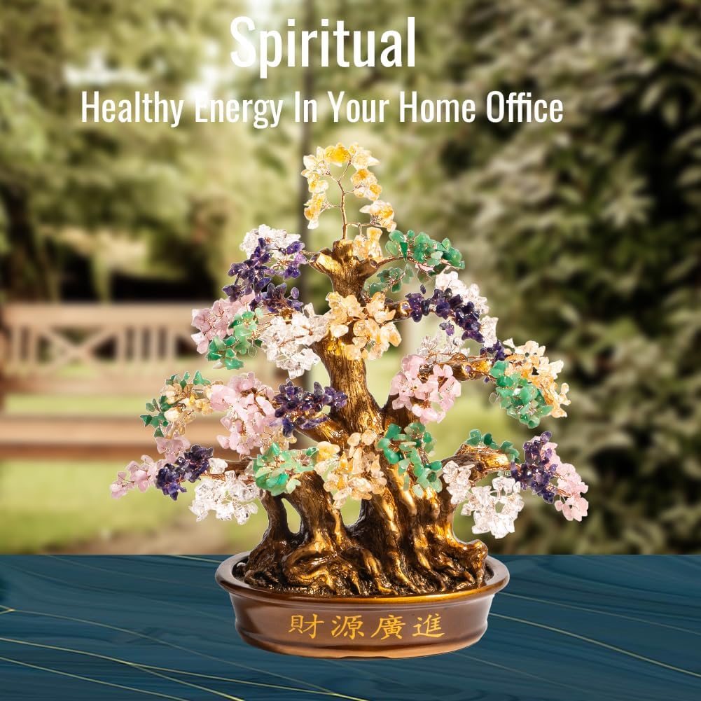 Natural Bonsai Feng Shui Money Tree, 18'', Includes Lucky Coins Chain, Tree of Life (1300 Gemstone
