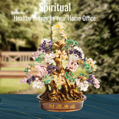 Natural Bonsai Feng Shui Money Tree, 18'', Includes Lucky Coins Chain, Tree of Life (1300 Gemstone