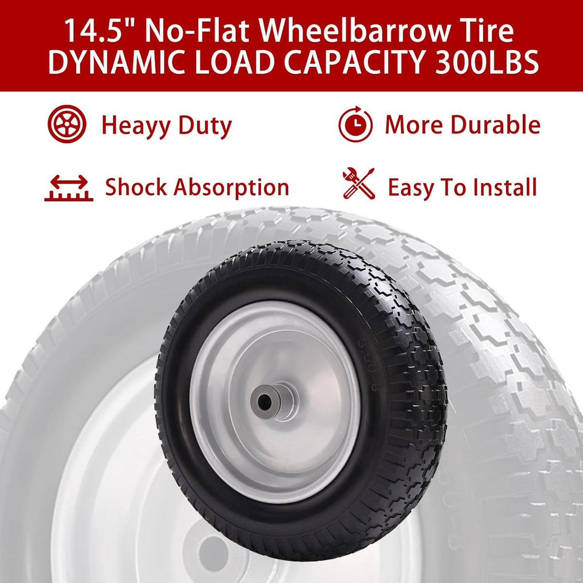 14.5" Wheelbarrow Tire, 3.50-8" Flat-free Solid Tire and Wheel with 3" -7" Centered Hub and 5/8" &