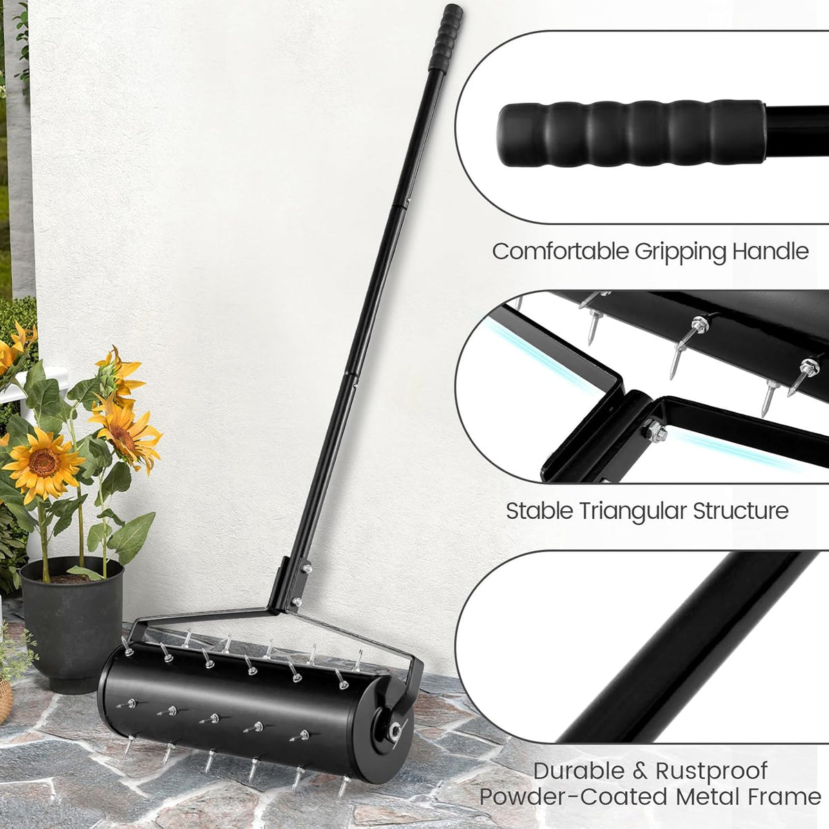 Goplus Rolling Lawn Aerator, 21-Inch Garden Yard Rotary Push Tine Filled Sand Stone, Heavy Duty