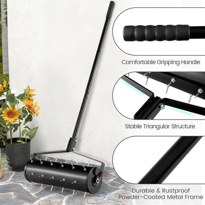 Goplus Rolling Lawn Aerator, 21-Inch Garden Yard Rotary Push Tine Filled Sand Stone, Heavy Duty