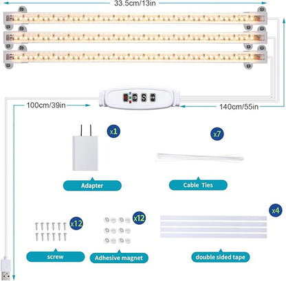 3 Head LED Grow Light Strips for Indoor Plants Full Spectrum 3500K, 144 LEDs Plant Light Bar with