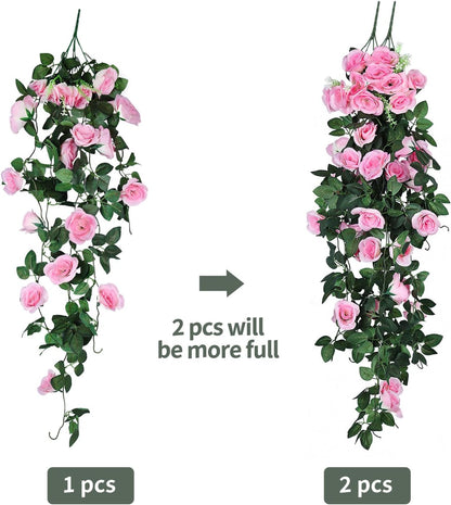 RECUTMS 4PCS Artificial Rose Vine Hanging Plants Fake Flower Outdoor Flowers UV Resistant for