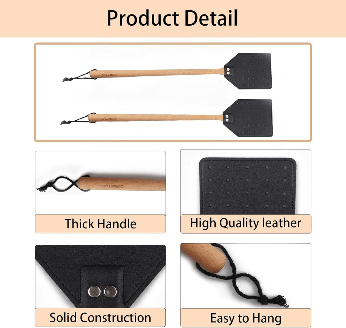Indoor Leather Fly Swatter - 2 Pack Long Handle Heavy Duty Fly Swatter with Hanging Rope, Wood Fly