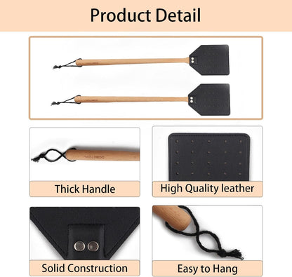 Indoor Leather Fly Swatter - 2 Pack Long Handle Heavy Duty Fly Swatter with Hanging Rope, Wood Fly