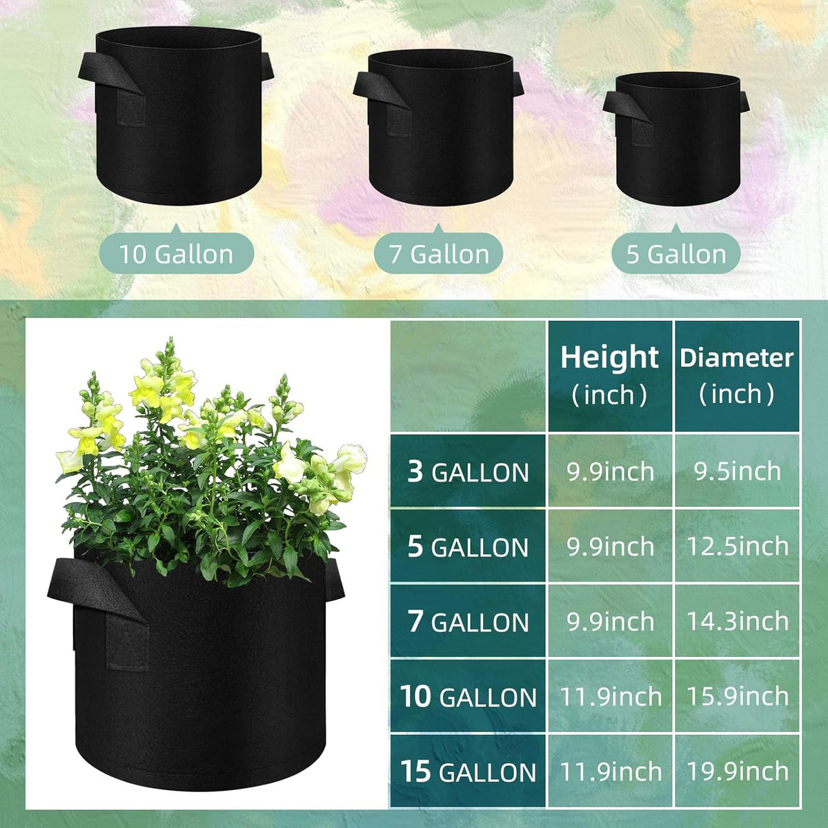 200 Pack 5 Gallons Grow Bags, Non-Woven Fabric Pots Plant Bags, Plant Grow Bags with Handles