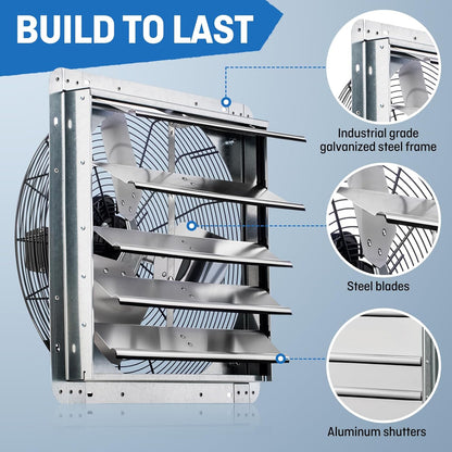iLIVING 18" Wall Mounted Shutter Exhaust Fan, Automatic Shutter, with Thermostat and Variable Speed