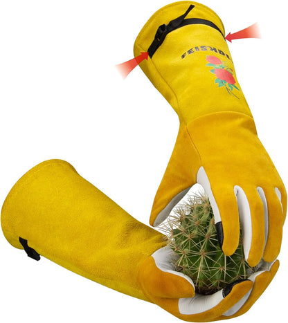 Garden Gloves Women/Men Thorn Proof, Deerskin Suede, 2 Layers Leather Rose Pruning Long Gardening
