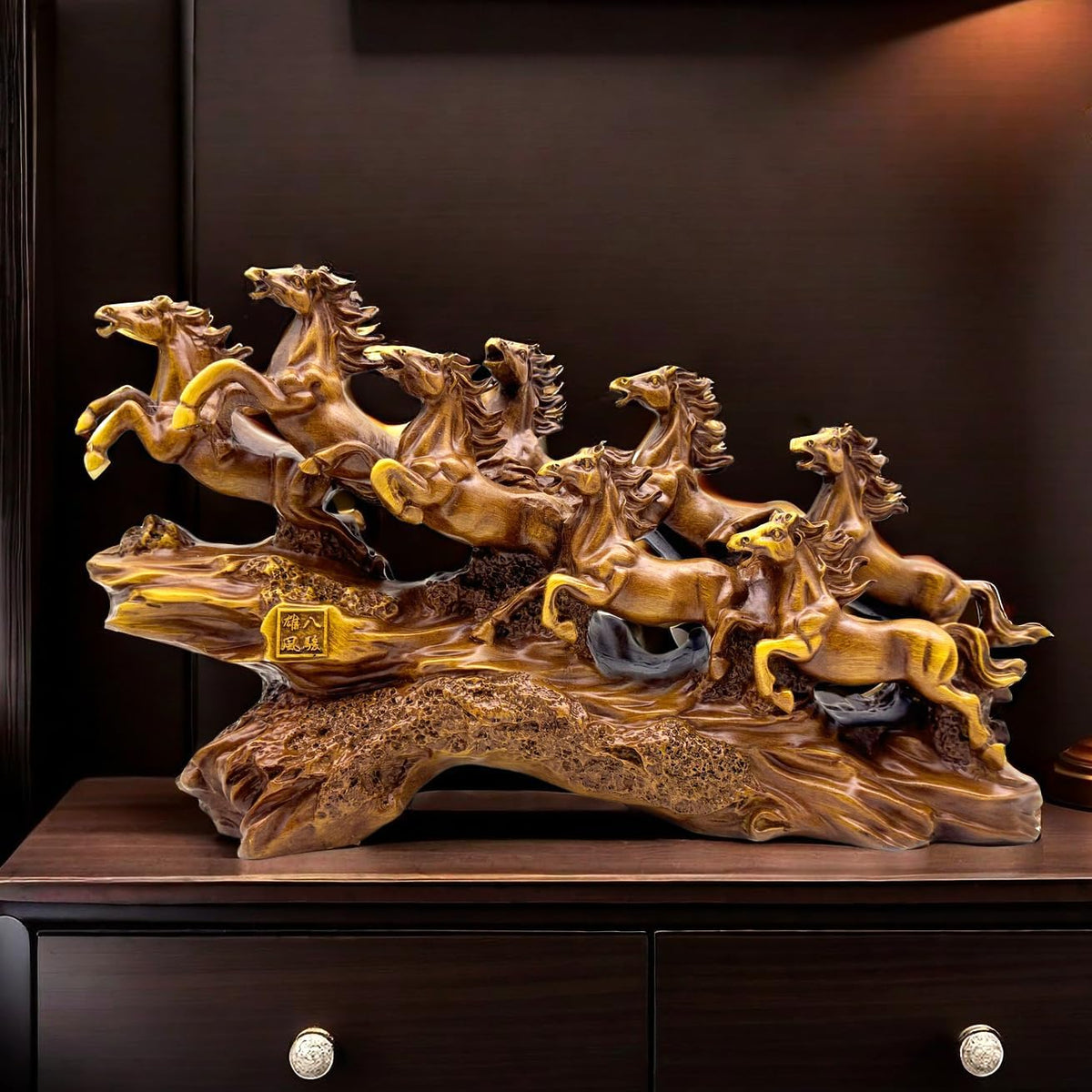 13.7 Inch Chinese Feng Shui Running Horses Statue Sculpture Frgurines Good Lucky Gift for FengShui