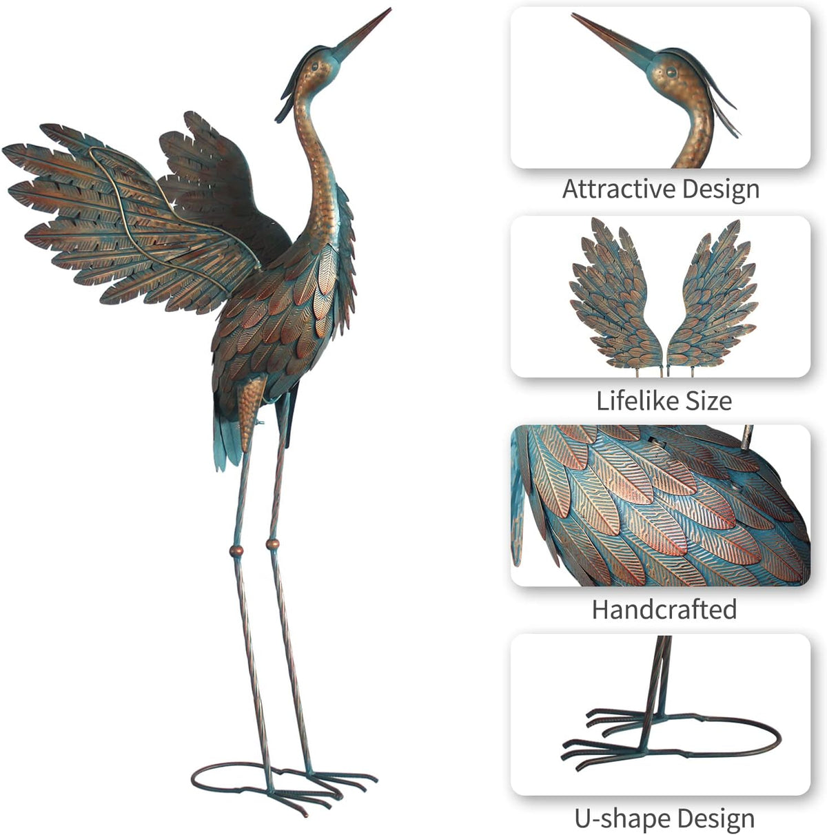 Metal Heron Yard Art, Standing Garden Sculptures & Statues for Outdoor Decor, 38-42 Inch Set of 2