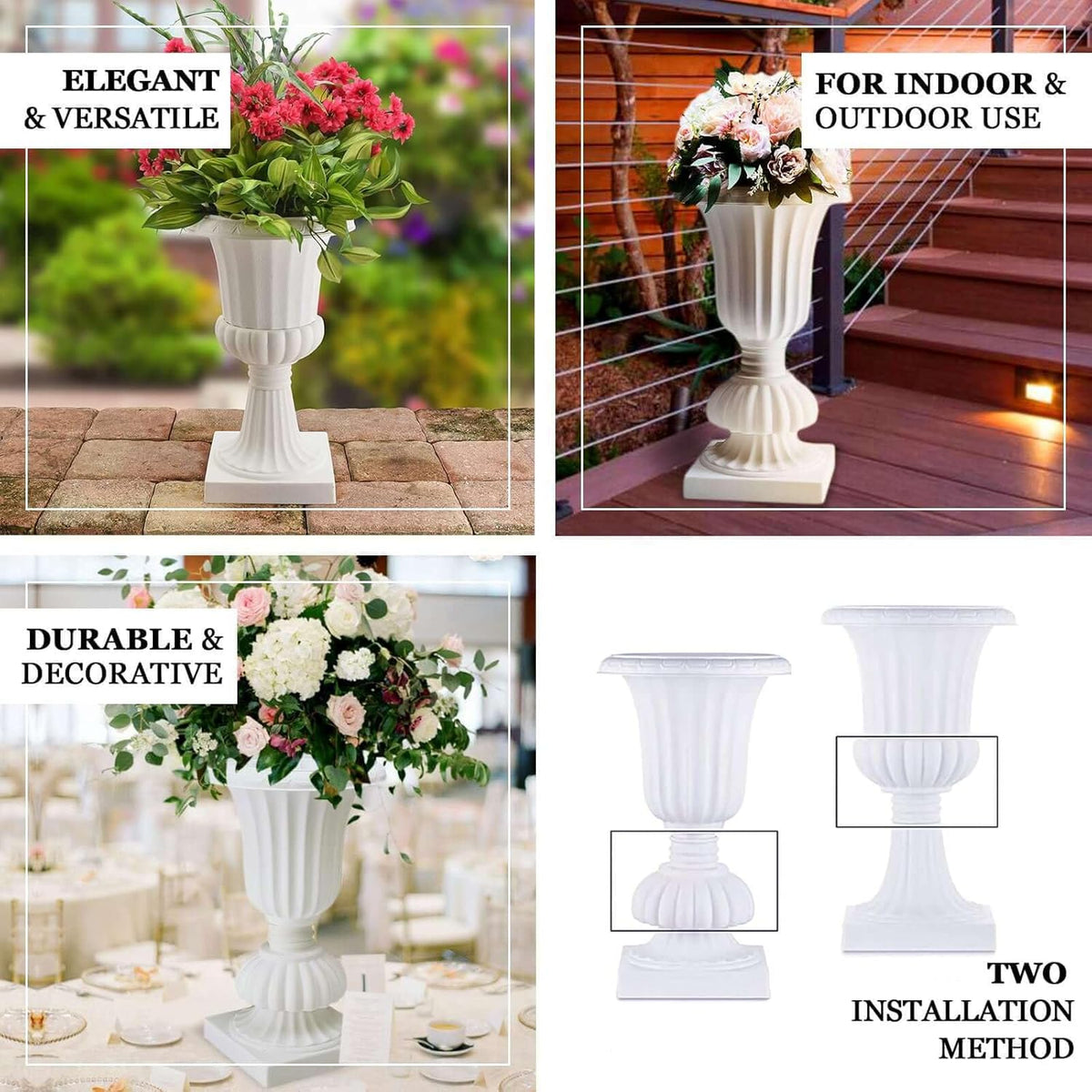 Efavormart 2 Pack - 20" PVC Urn Planter, Floral Pedestal Flower Pot White Plant Stand for Wedding