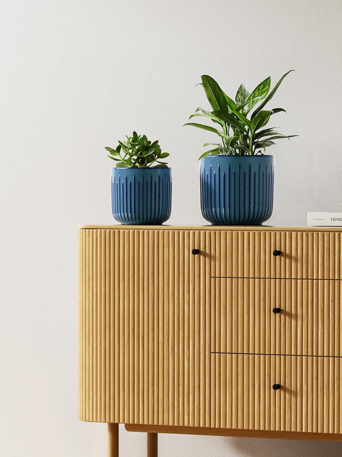 LE TAUCI Fluted Ceramic Planters Set of 3 – 8.3/7 / 5.7 in Ocean Blue Reactive Cylinder Indoor