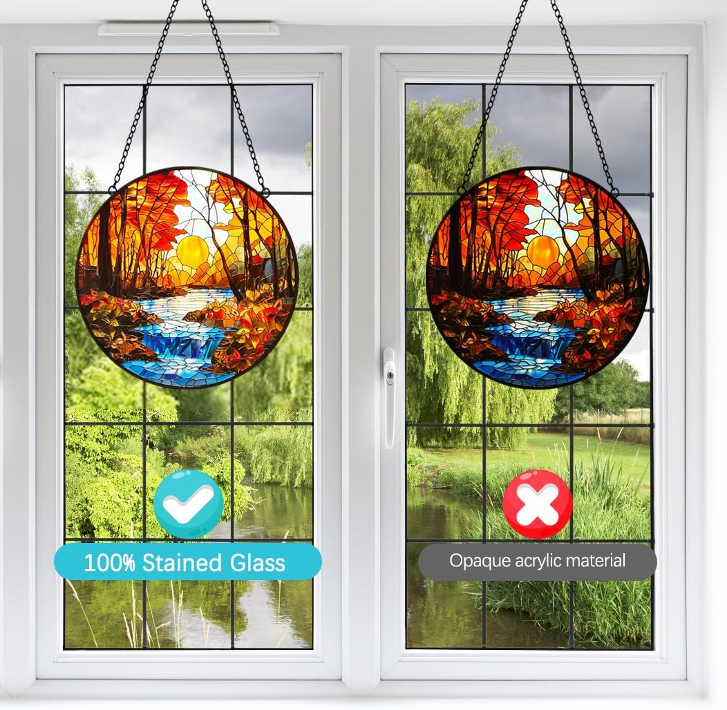 Fall Decor Sunset Suncatcher Stained Glass Window Hanging - Handmade Sun Catchers Indoor Window