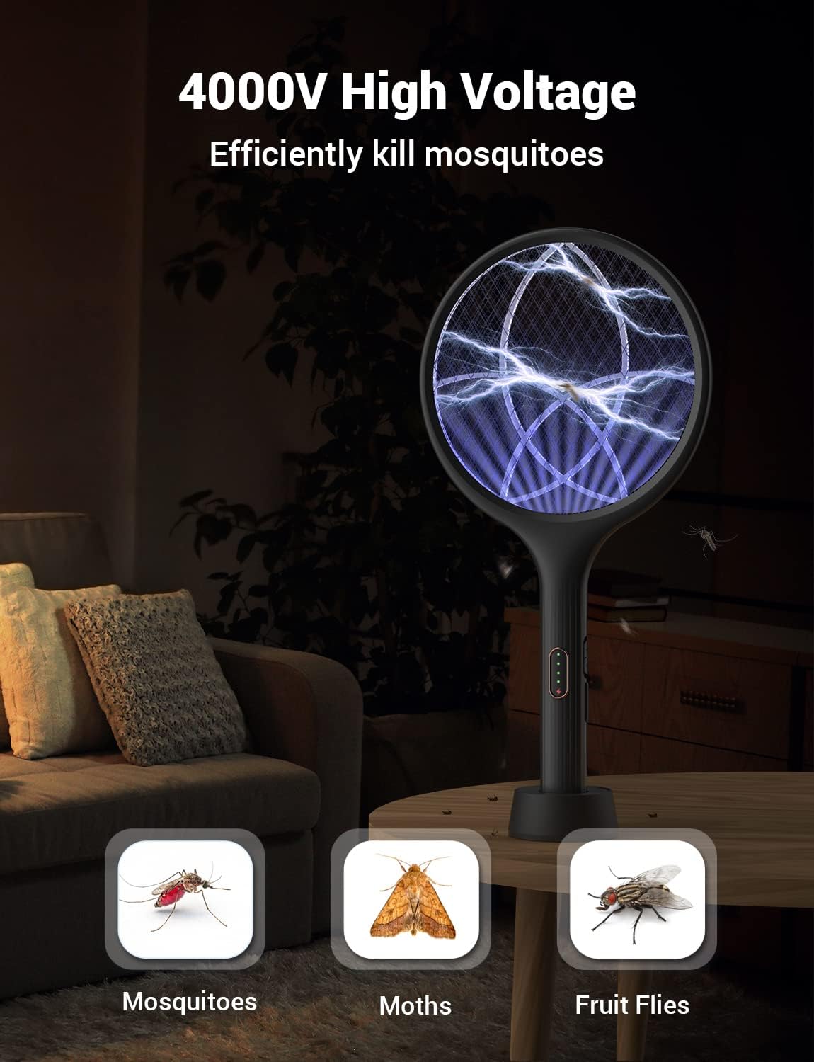 YISSVIC Electric Fly Swatter Bug Zapper Racket 4000V LED Screen Dual Modes Fly Zapper Rechargeable