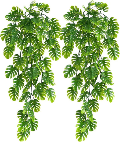RECUTMS Artificial Hanging Plants 2 Pack, Fake Monstera Leaves Ivy Vine Faux Greenery UV Resistant