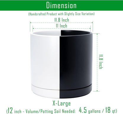 D'vine Dev 12 Inch Ceramic Planter Pot with Drainage Hole and Saucer, Indoor Cylinder Round Planter