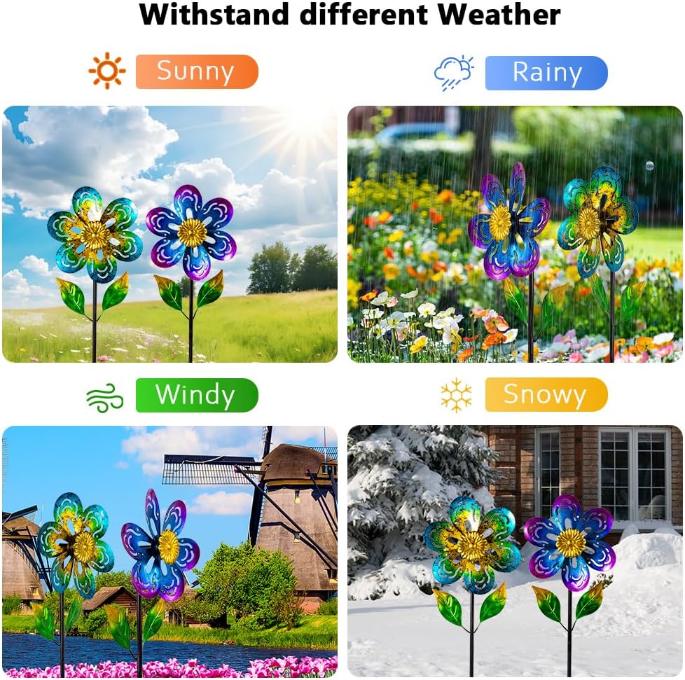 Viveta 2 Pack Wind Spinners,Flower Garden Sculpture, Metal Windmill, Green and Purple Pinwheels for