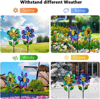 Viveta 2 Pack Wind Spinners,Flower Garden Sculpture, Metal Windmill, Green and Purple Pinwheels for
