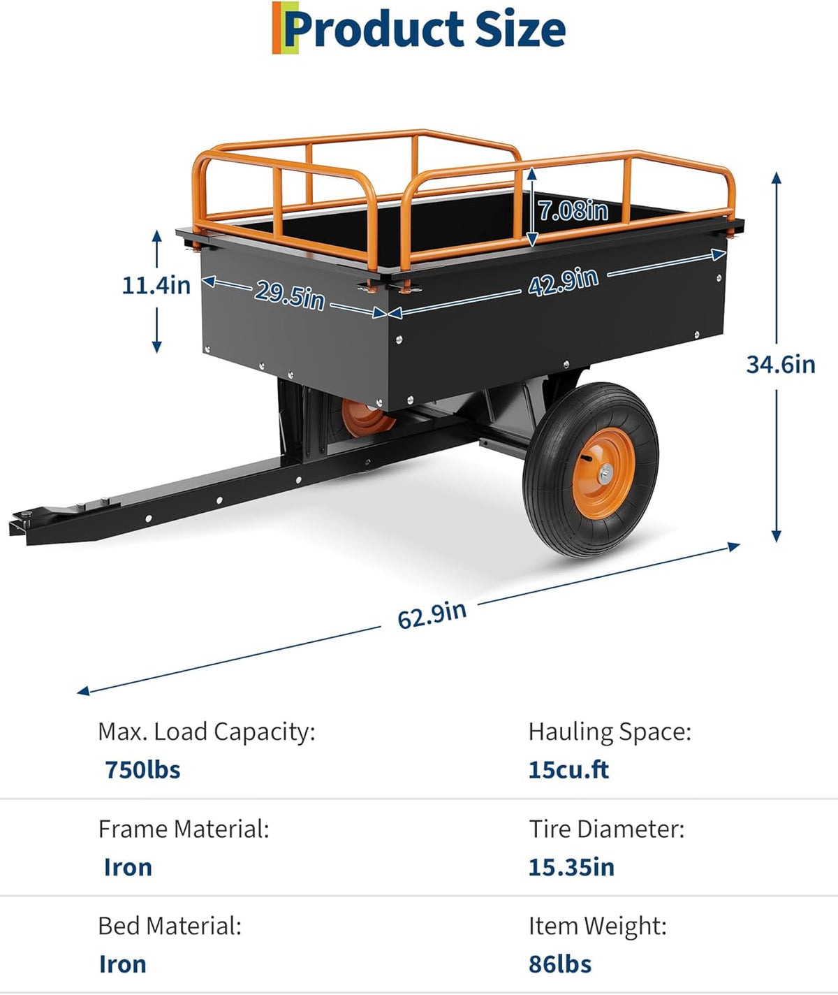 GarveeLife Heavy Duty ATV Trailer Steel Dump Cart, 750 LBS 15 Cubic Feet, Garden Utility with