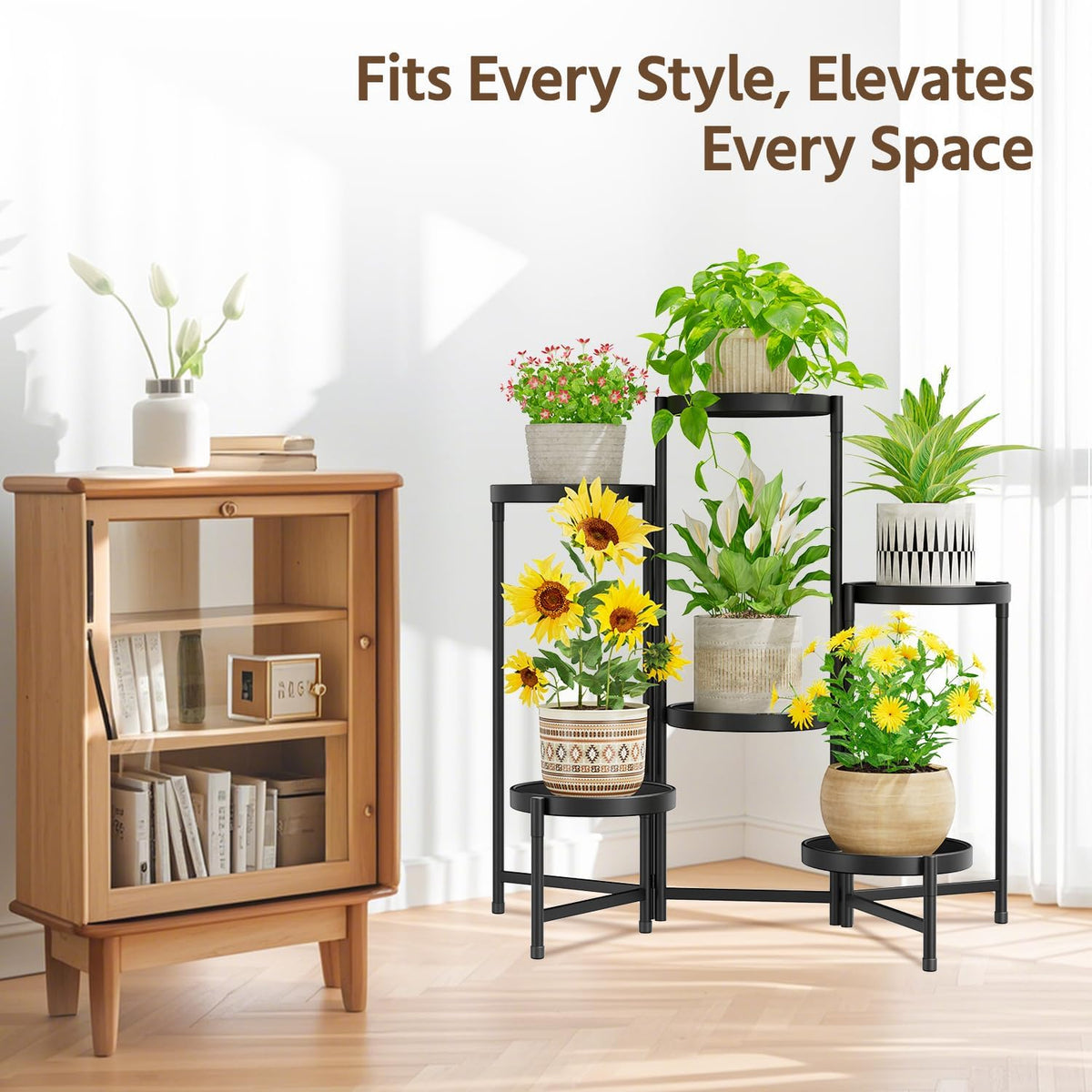 LASZOLA 6 Tiered Folding Plant Stand Indoor for Multiple Large Planter, Tall Heavy Duty Adjustable