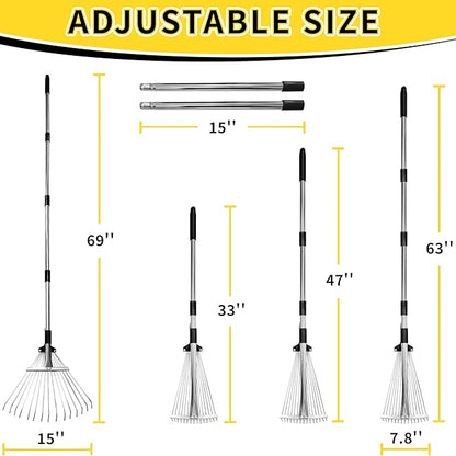 Garden Rake for Leaves,Heavy Duty Metal Adjustable Leaf Rake for Lawns,Long Handle 33"-69" with