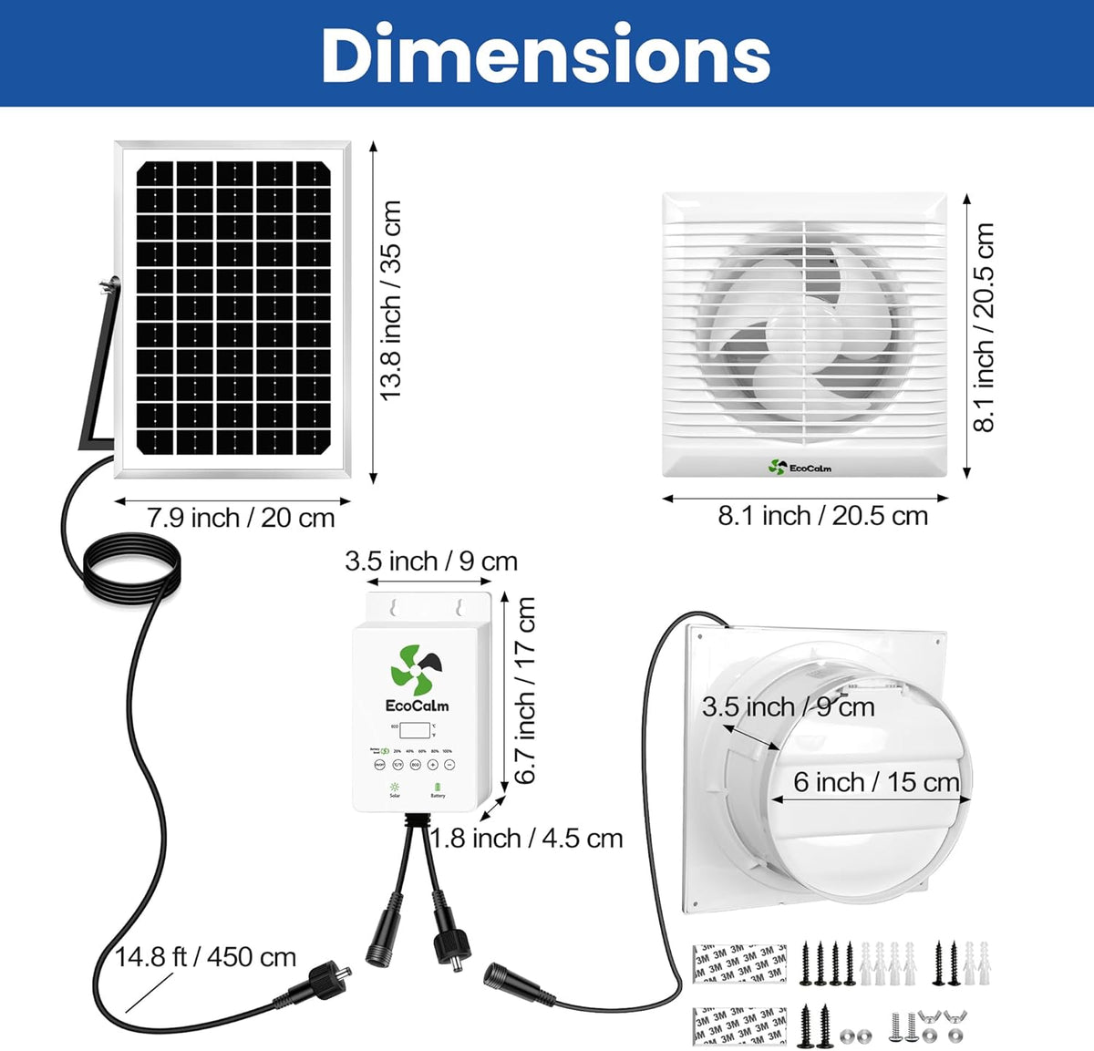 Solar Powered Fan with Battery and Adjustable Thermostat, 6“ Solar Fan for Chicken Coop with 12W
