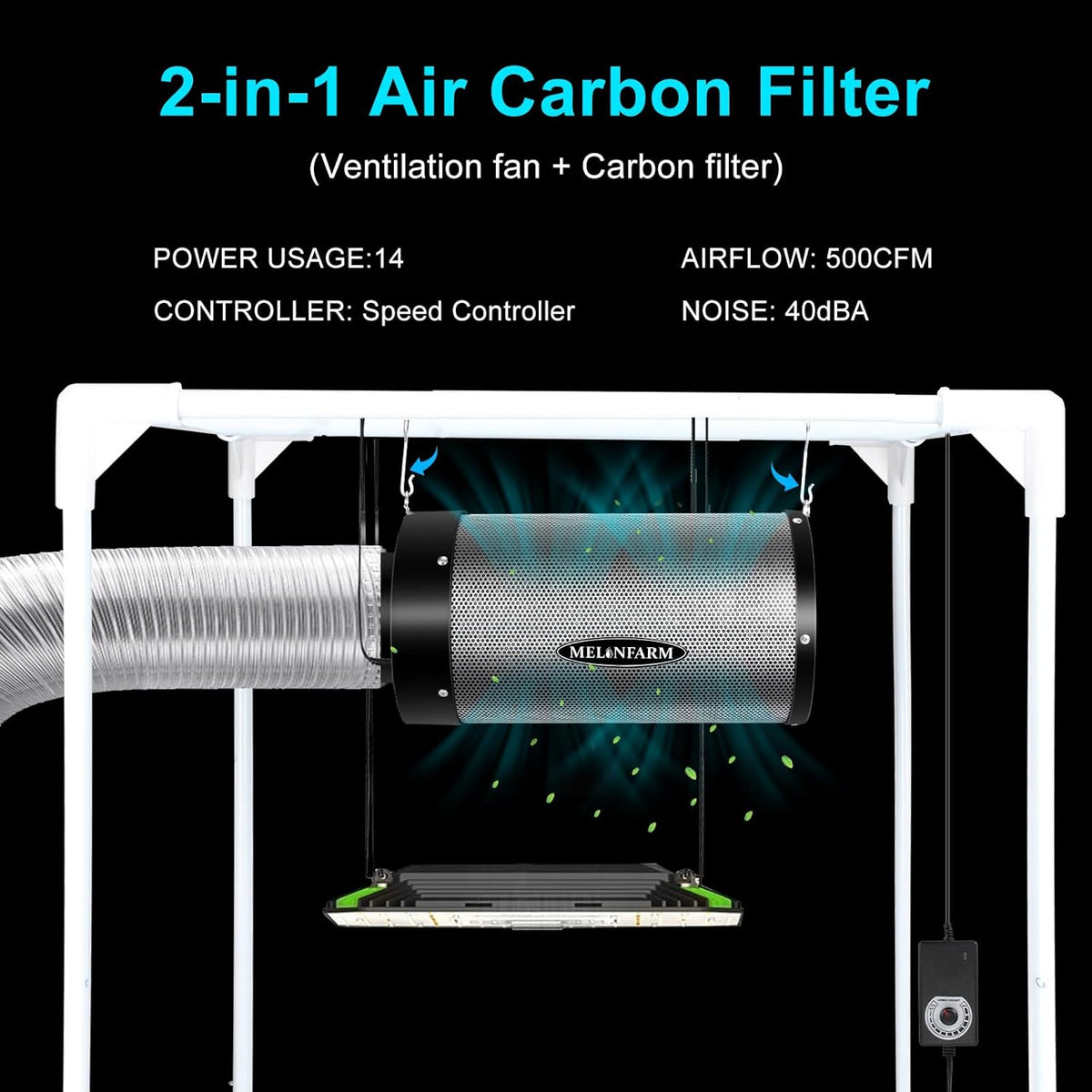 MELONFARM Air Filtration Kit 6", Built-in 14cm Fan Low Nois Carbon Filter with 12-Speed Controller
