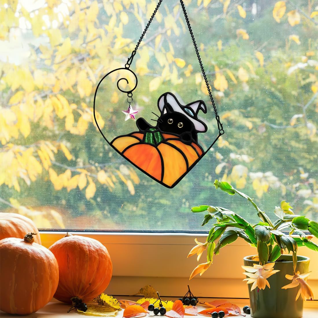 BOXCASA Black Cat Decor Stained Glass Window Hangings Pumpkin Ornament,Halloween Decor Witch Hat