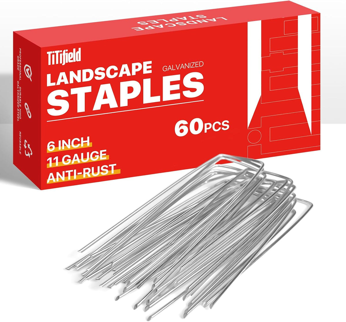 Landscape Staples 6 Inch 60 Pack 11 Gauge, Garden Staples Galvanized Landscape Pins Anti-Rust