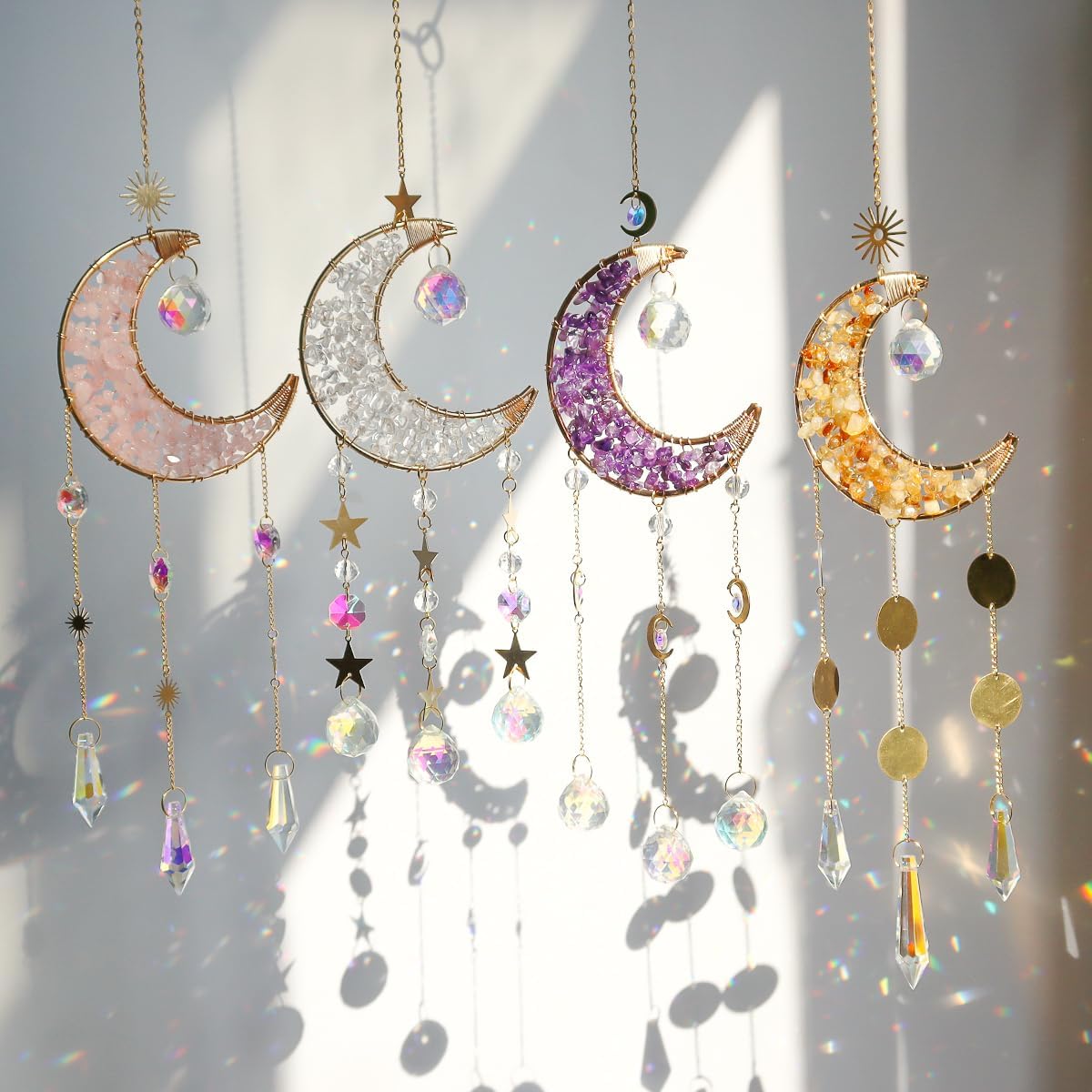 Moon Suncatcher Hanging Decor, Boho Chic Rose Quartz Crystal Sun Catcher, Spritual Sun Light
