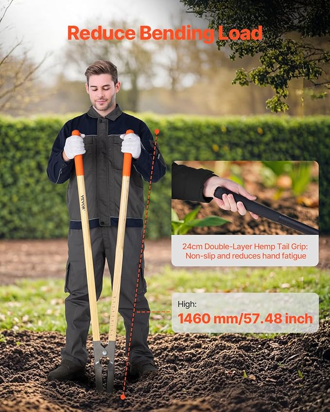 VEVOR Post Hole Digger, Heavy Duty Post Hole Digger with Wood Handle, Manual Hole Digger with Scale