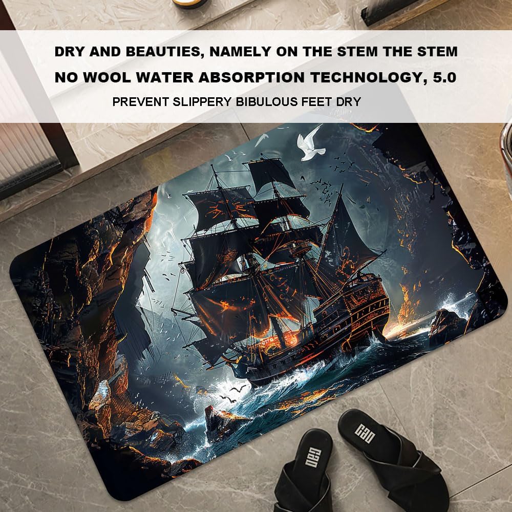Bath Mat-Bathroom Rug，Dark Pirate Ship-Absorbent Non Slip Quick Dry Stain Resistant Easy to Clean