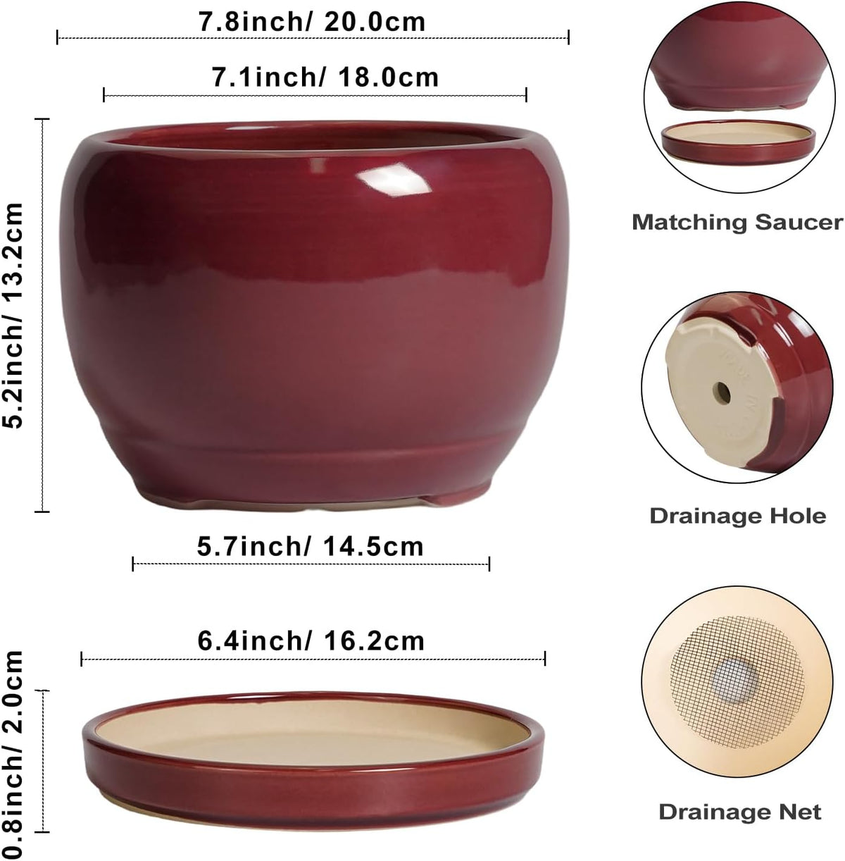 SQOWL Ceramic Planter - 8 Inch Plant Pot with Drainage Hole and Saucer, Round Planter for Indoor