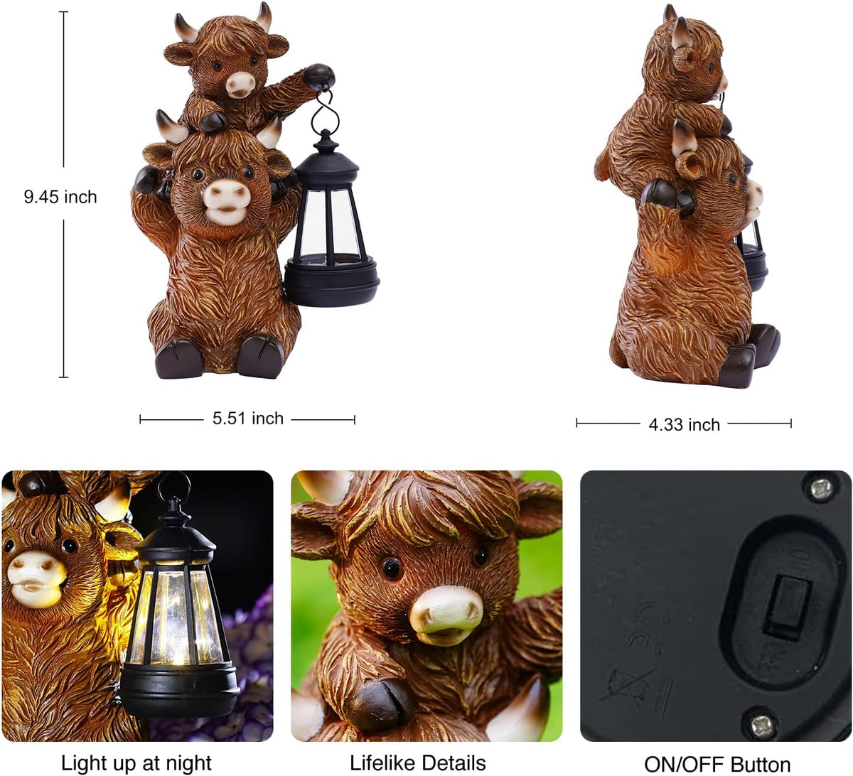 Goodeco 9.5 Inch Highland Cattle with Solar Lantern – Resin Garden Decor, Outdoor Statue & Unique