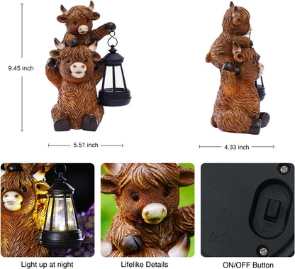 Goodeco 9.5 Inch Highland Cattle with Solar Lantern – Resin Garden Decor, Outdoor Statue & Unique