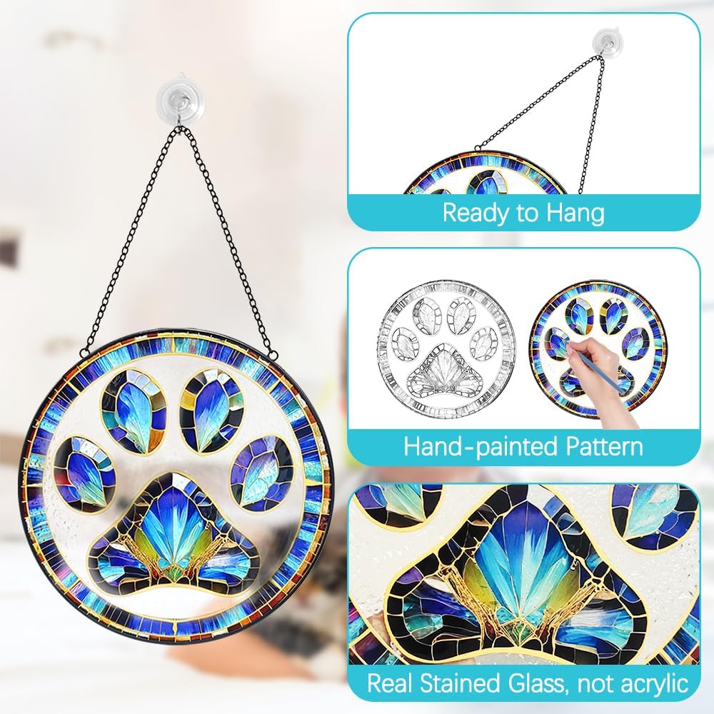 Dog Cat Paw Print Suncatcher Stained Glass Window Hanging - Handmade Stained Glass Panel