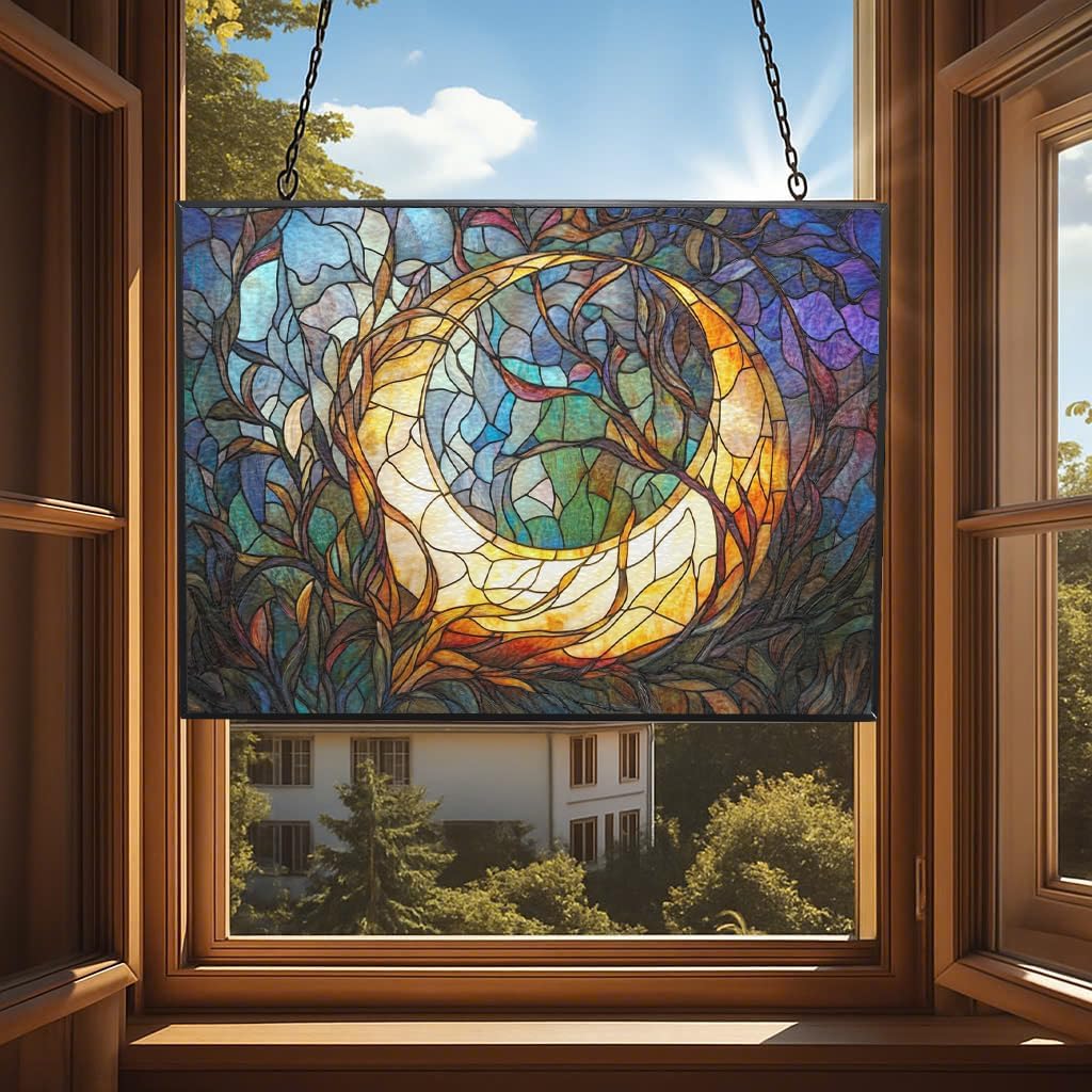 Personalized Rectangle Art Nouveau Vine Moon Suncatcher Stained Glass Stained Glass Window Hanging