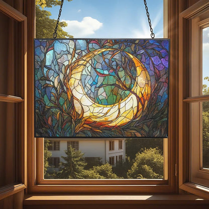 Personalized Rectangle Art Nouveau Vine Moon Suncatcher Stained Glass Stained Glass Window Hanging