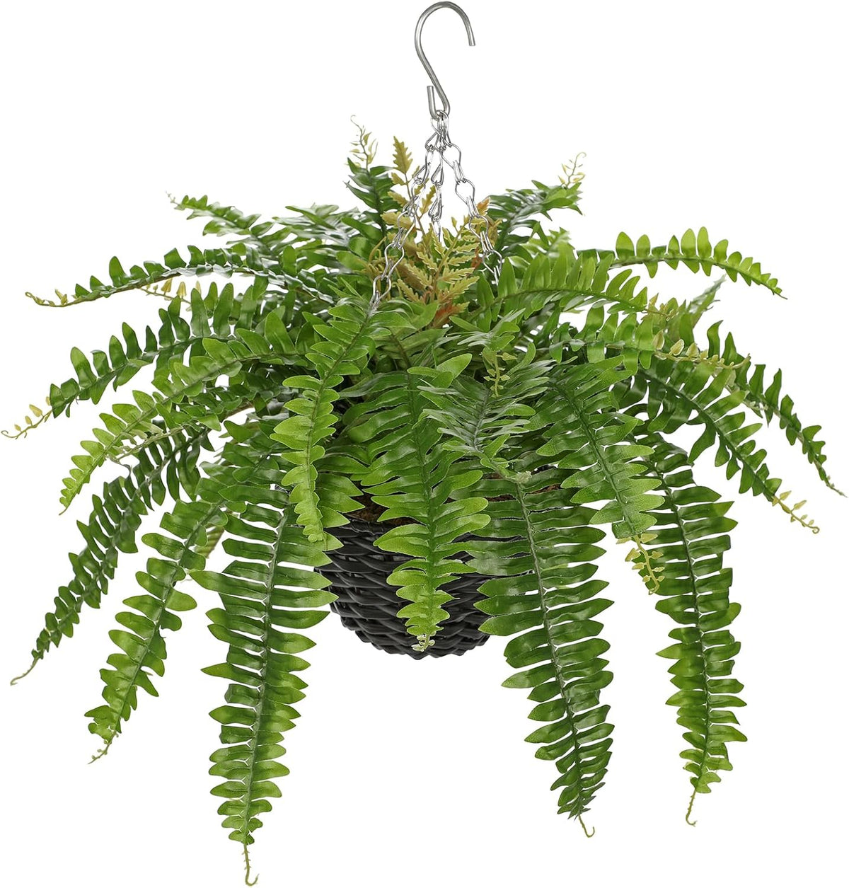 Hollyone 21" Artificial Boston Fern Hanging Basket 31 Leaves Fake Ferns in Rattan Pot Medium