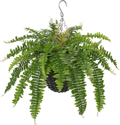 Hollyone 21" Artificial Boston Fern Hanging Basket 31 Leaves Fake Ferns in Rattan Pot Medium