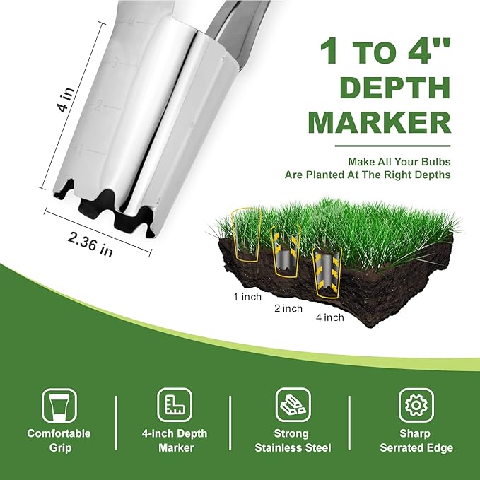 Haliaeetus Bulb Planter Tool, 4 inches Depth Mark Hand Bulb Planter, Non-Bending Stainless Steel