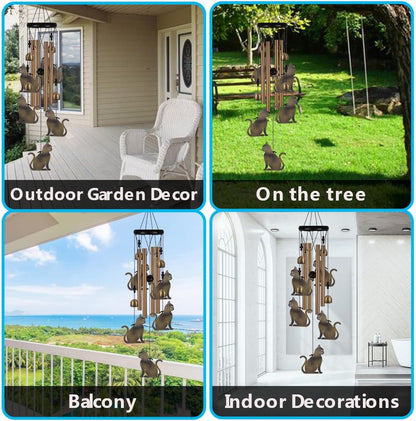 Garden Cat Wind Chimes Outdoor Indoor Decor - with 4 Tubes 4 Bells 5 Cats Wind Chime, Mobile