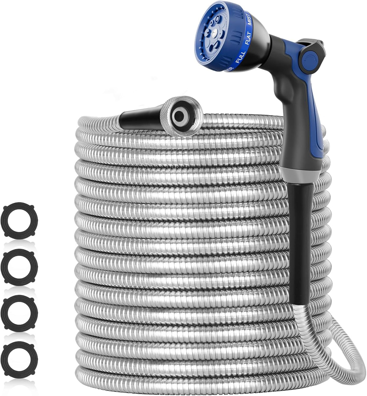 SPECILITE 50ft 304 Stainless Steel Garden Hose Metal, Heavy Duty Water Pipe with Nozzles for Yard