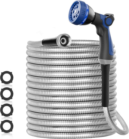 SPECILITE 50ft 304 Stainless Steel Garden Hose Metal, Heavy Duty Water Pipe with Nozzles for Yard