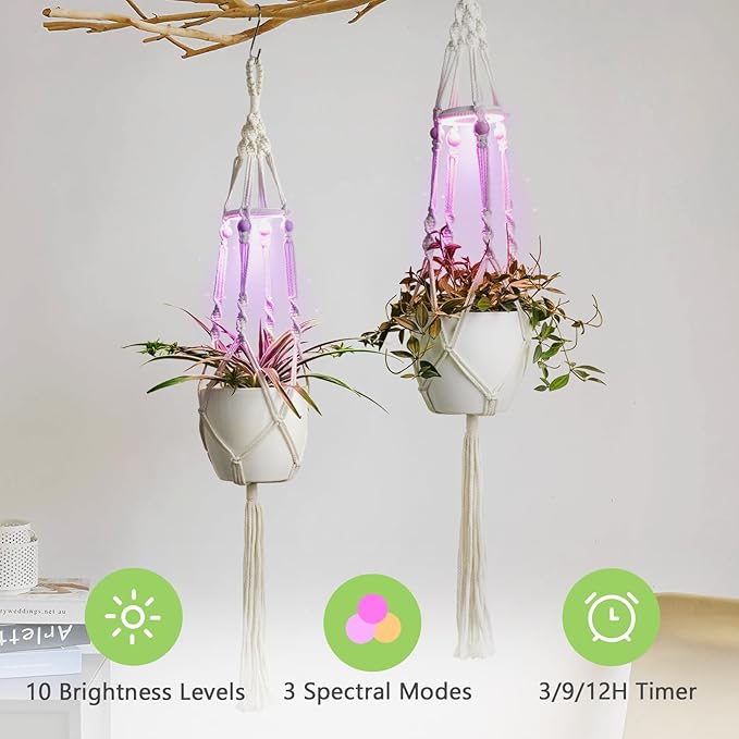Macrame Plant Hanger with Grow Light: 2 Pack Boho Hanging Planters with Light for Indoor Plants