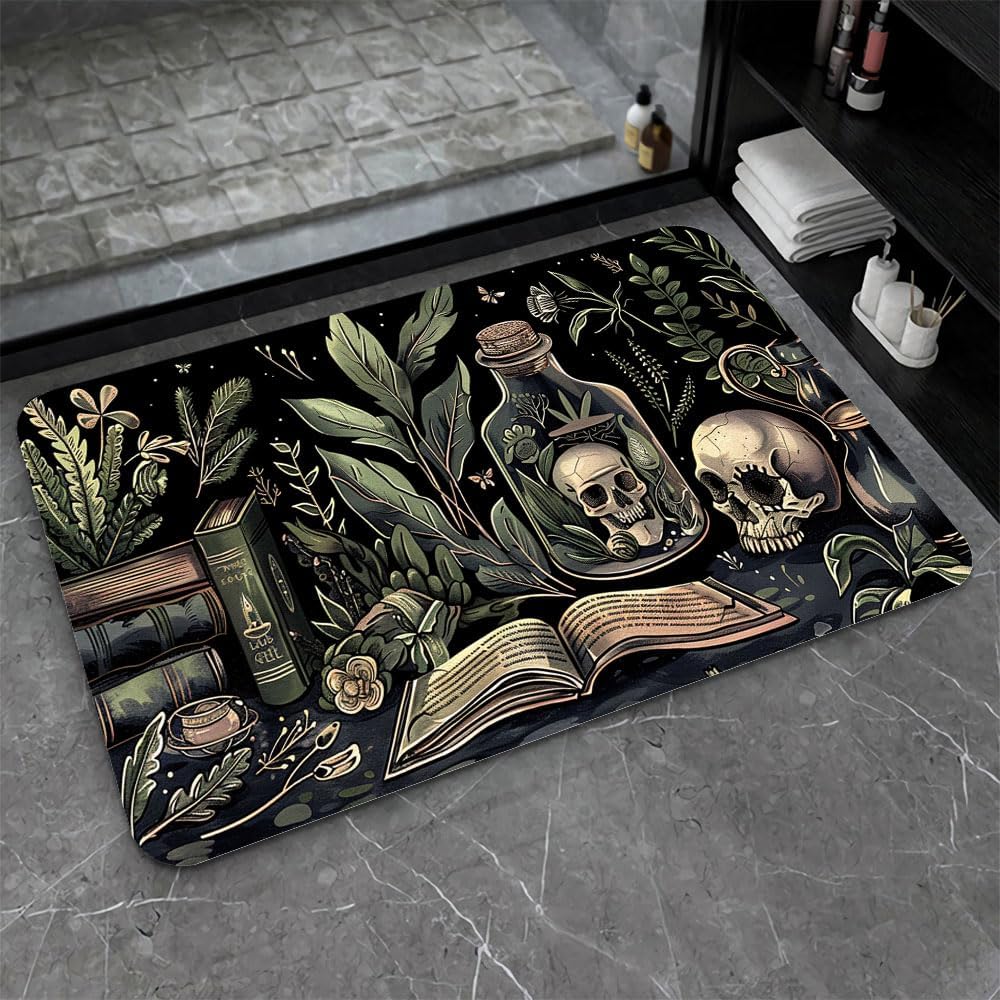 Bath Mat-Bathroom Rug，Books and Skulls-Absorbent Non Slip Quick Dry Stain Resistant Easy to Clean