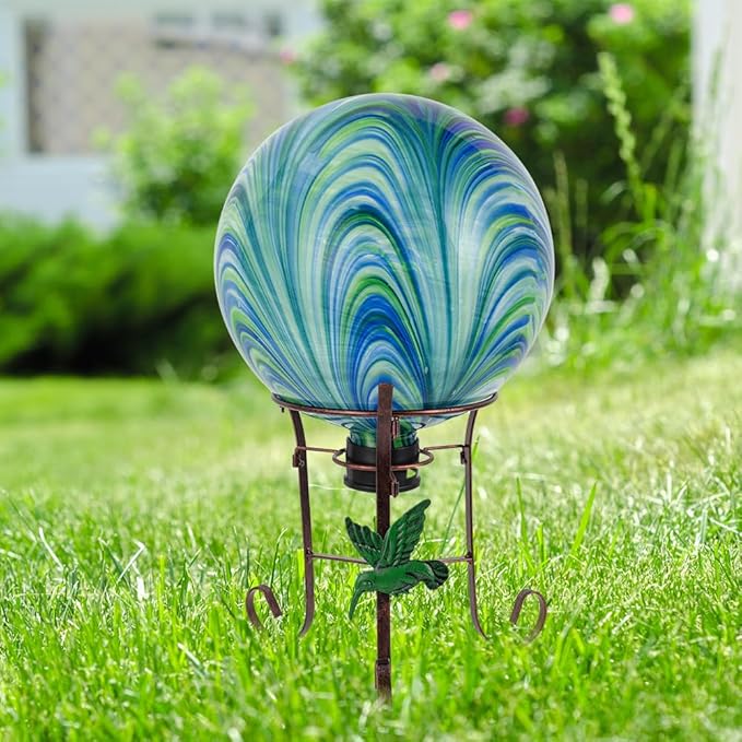 10" Diameter Gazing Ball with 8.5" Metal Stand Indoor Outdoor Glass Globe Sphere Festive Decor Yard