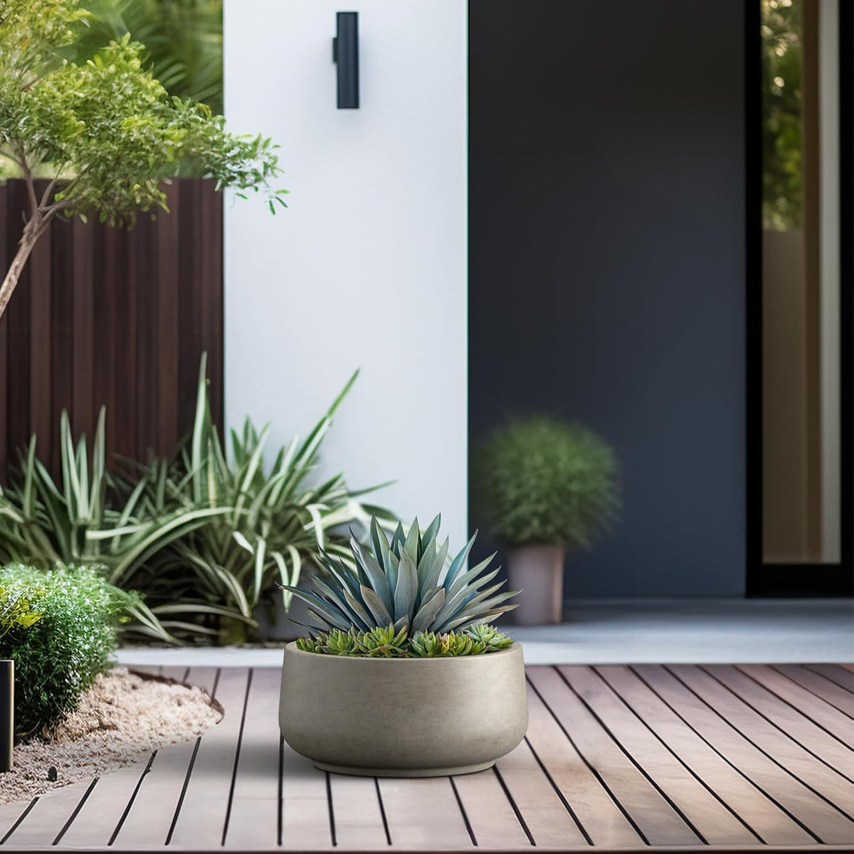 Kante 13.4" Dia Round Curvy Concrete Planter, Large Plant Pots with Drainage Hole and Rubber Plug